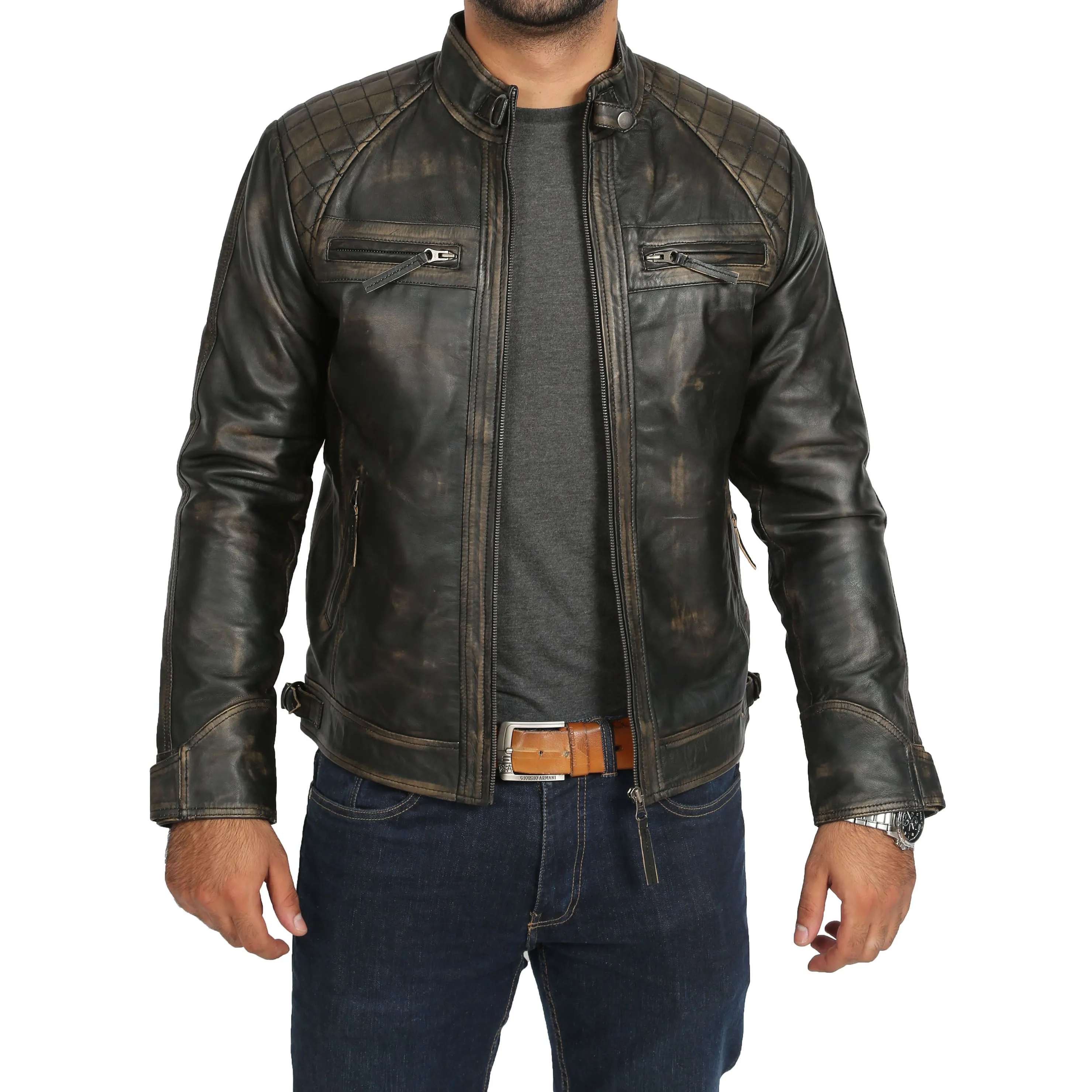 Gents Washed Biker Leather Jacket Django Rub Off