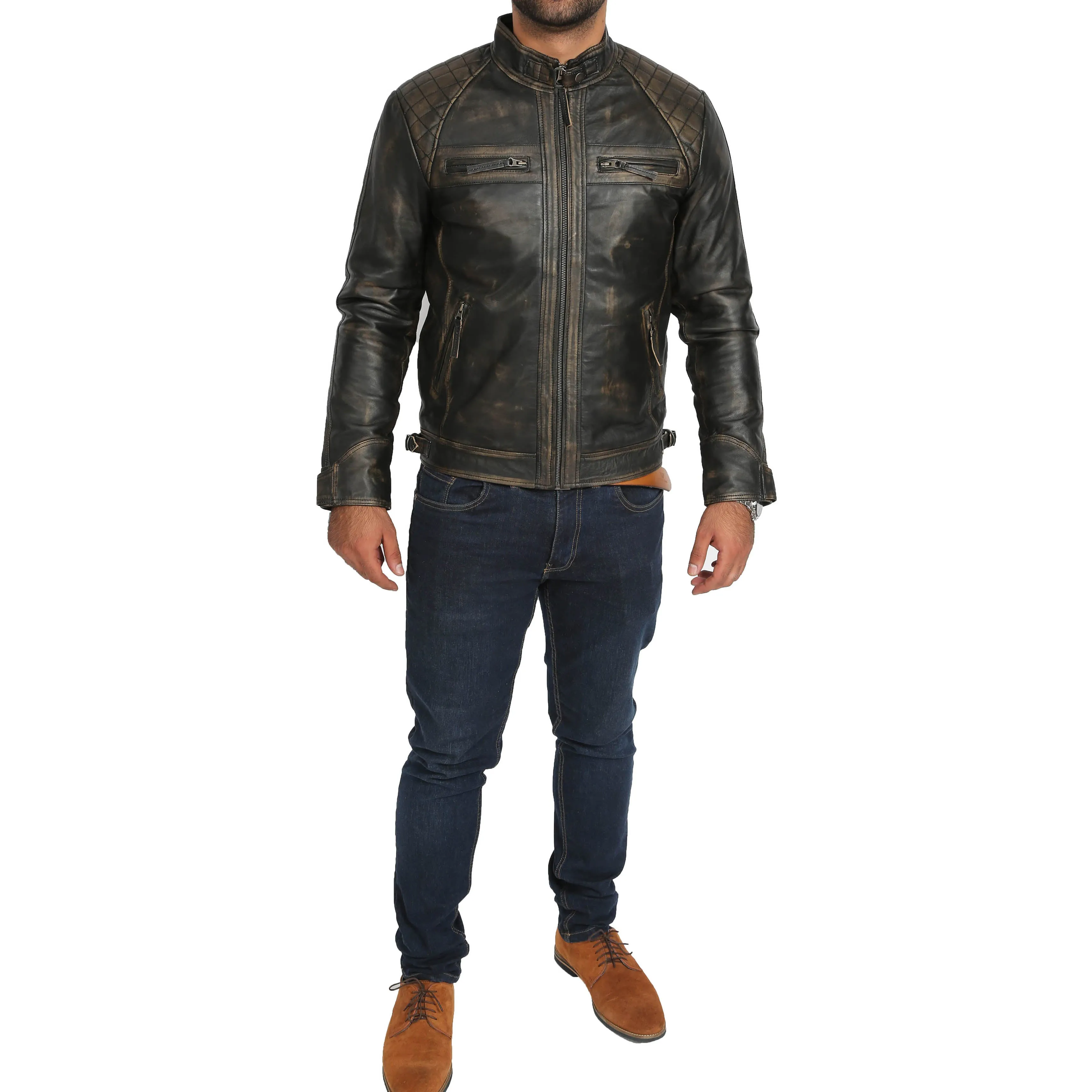 Gents Washed Biker Leather Jacket Django Rub Off