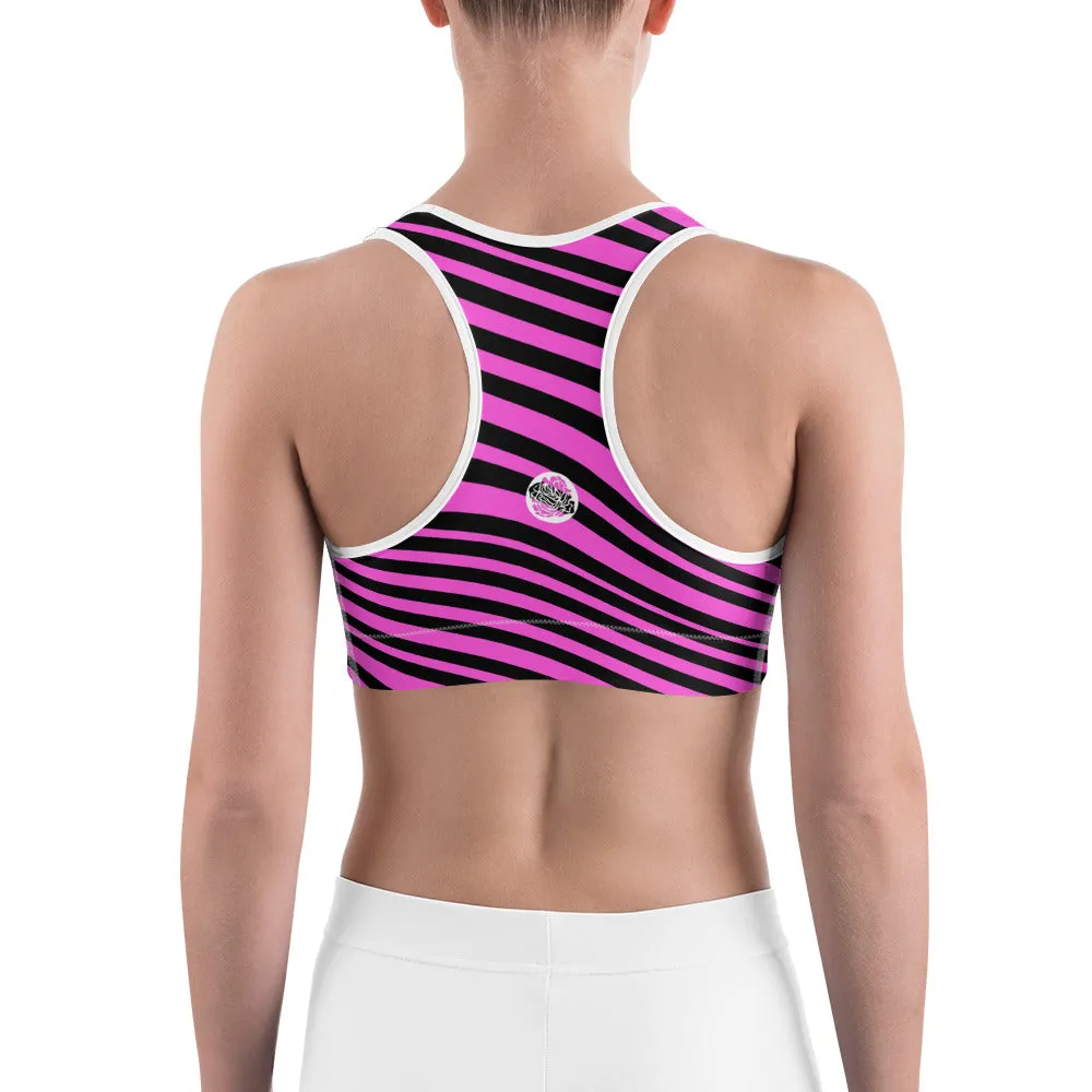 Hot Pink Striped Sports Bra, Black Diagonal Striped Women's Fitness Bra-Made in USA/EU
