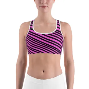 Hot Pink Striped Sports Bra, Black Diagonal Striped Women's Fitness Bra-Made in USA/EU