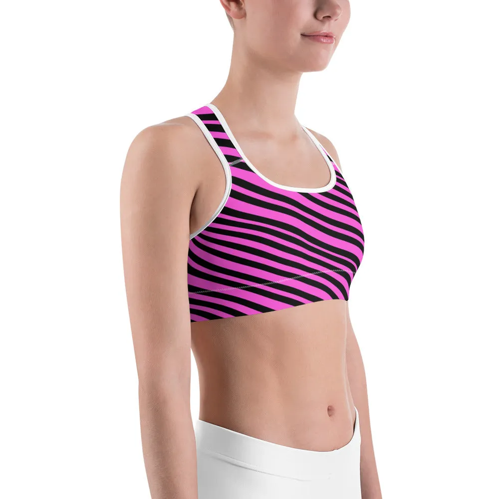Hot Pink Striped Sports Bra, Black Diagonal Striped Women's Fitness Bra-Made in USA/EU