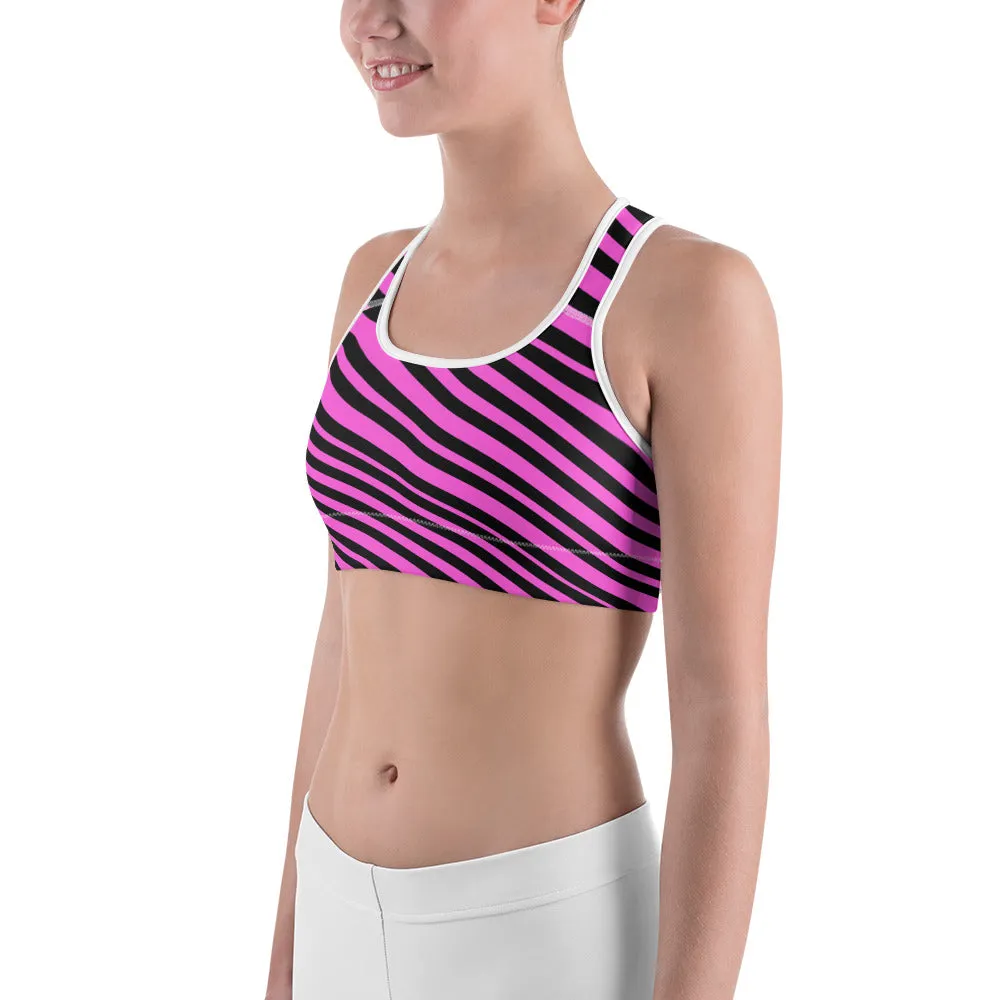 Hot Pink Striped Sports Bra, Black Diagonal Striped Women's Fitness Bra-Made in USA/EU