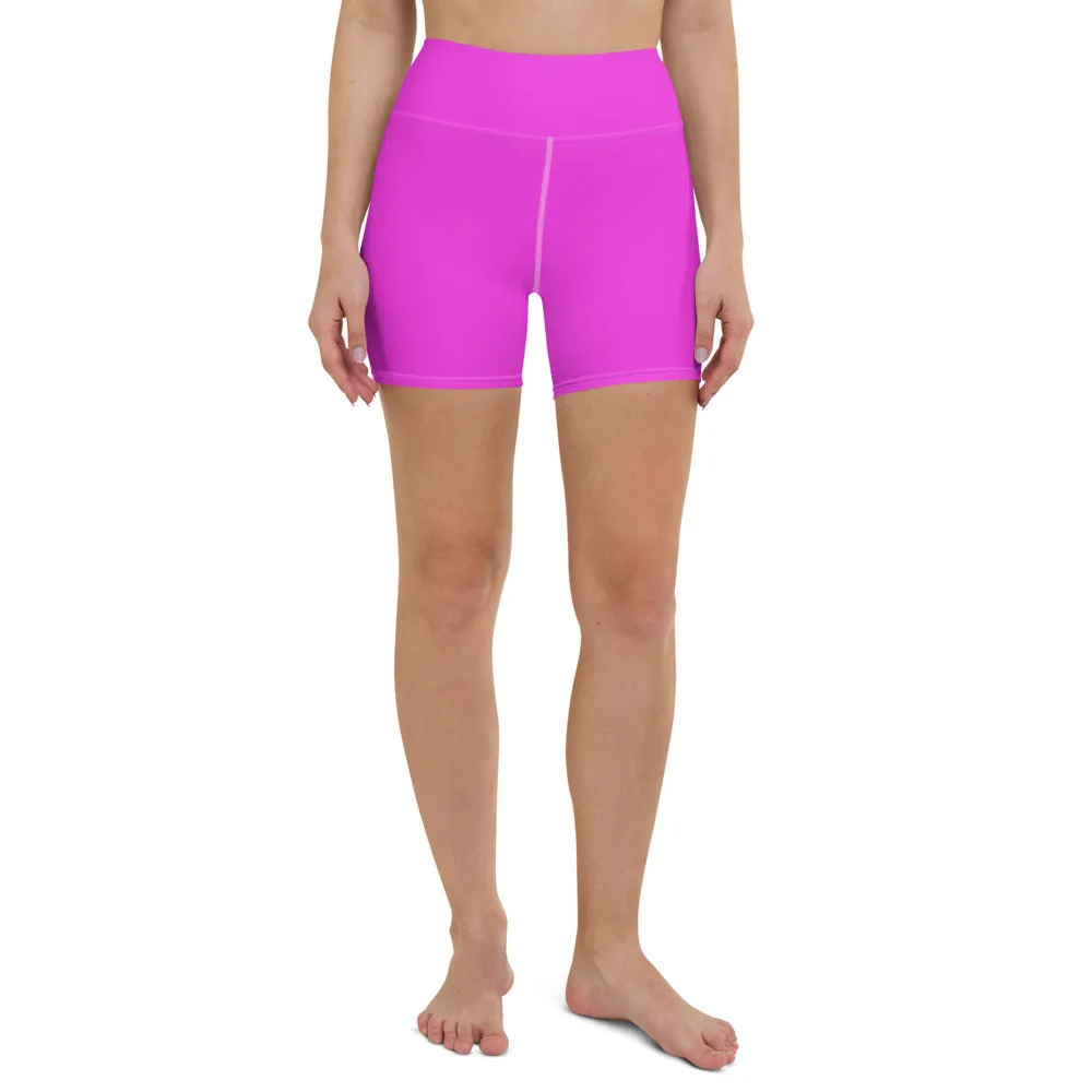 Hot Pink Yoga Shorts, Bright Pink Colorful Solid Color Designer Women's Tights-Made in USA/EU
