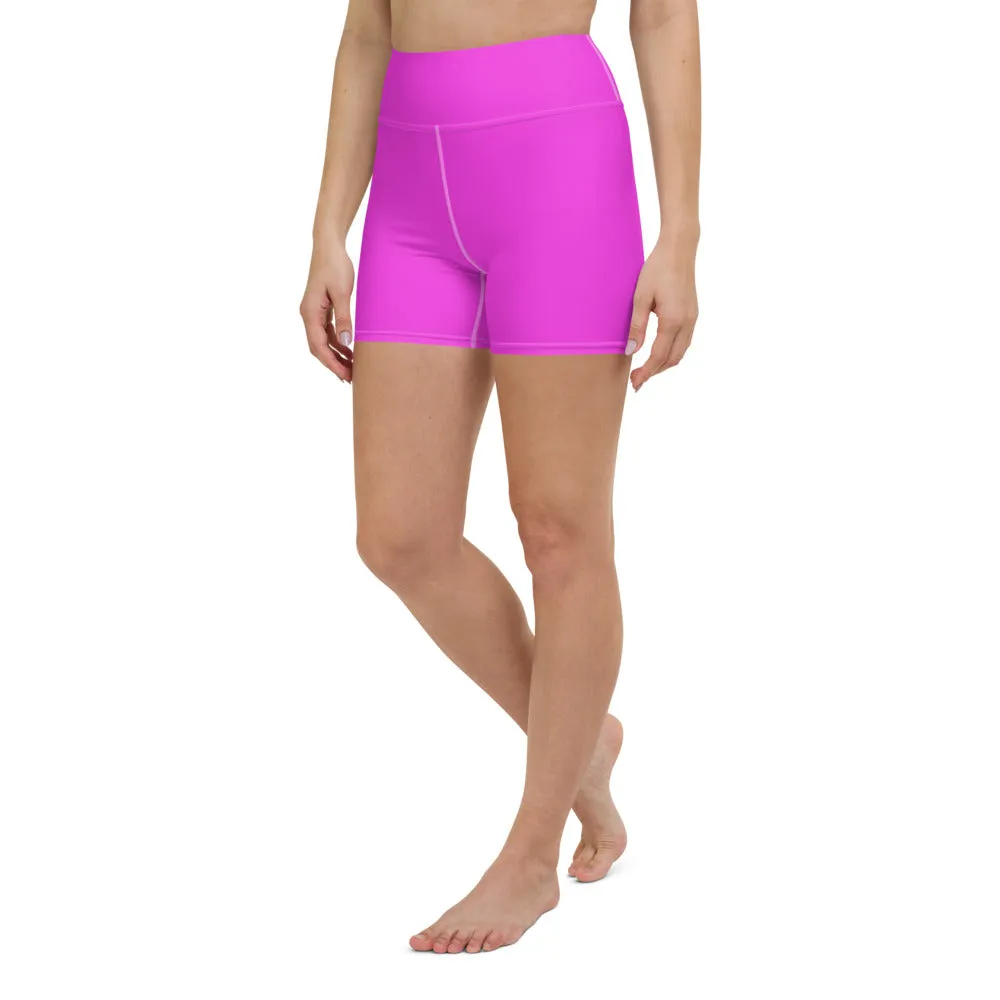 Hot Pink Yoga Shorts, Bright Pink Colorful Solid Color Designer Women's Tights-Made in USA/EU