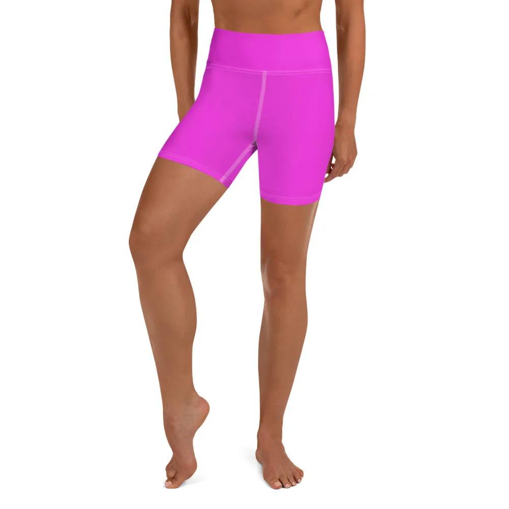 Hot Pink Yoga Shorts, Bright Pink Colorful Solid Color Designer Women's Tights-Made in USA/EU