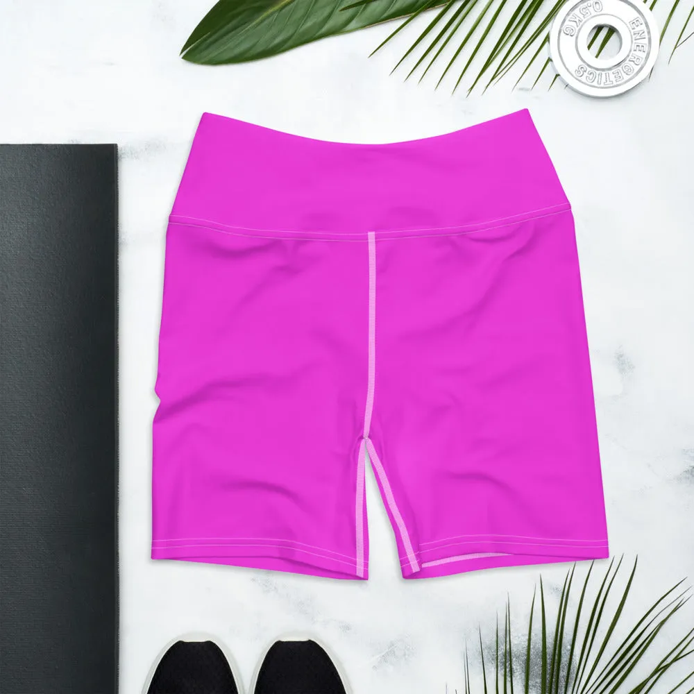 Hot Pink Yoga Shorts, Bright Pink Colorful Solid Color Designer Women's Tights-Made in USA/EU