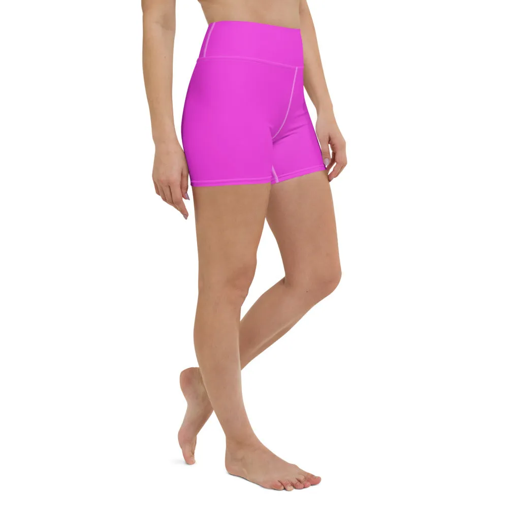 Hot Pink Yoga Shorts, Bright Pink Colorful Solid Color Designer Women's Tights-Made in USA/EU