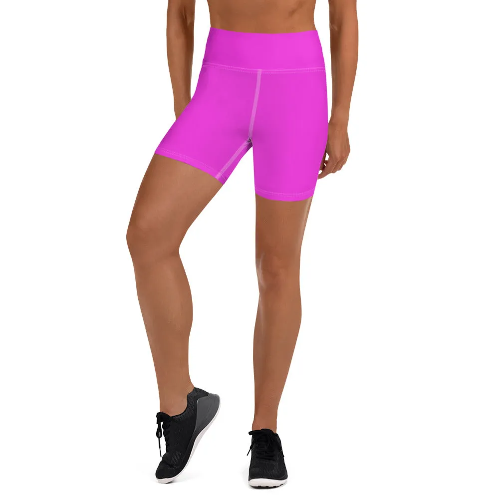 Hot Pink Yoga Shorts, Bright Pink Colorful Solid Color Designer Women's Tights-Made in USA/EU