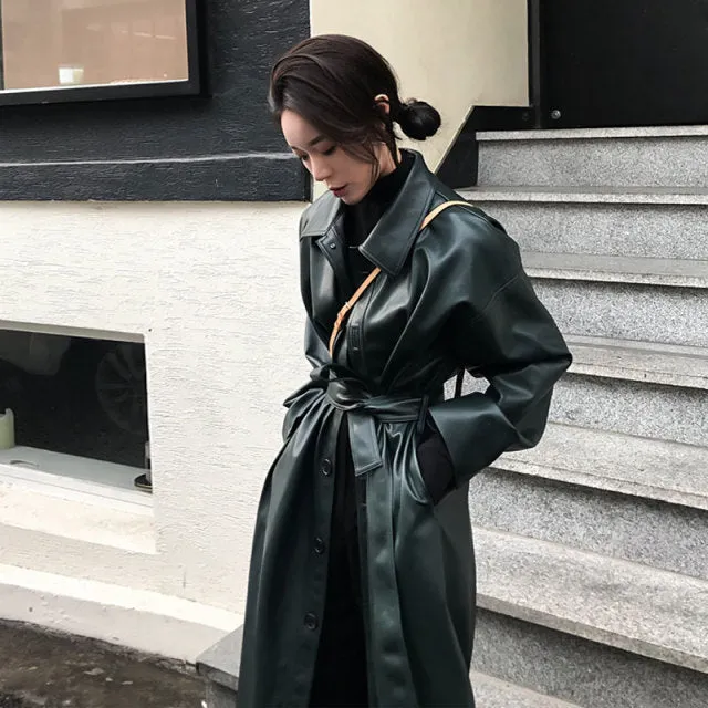 Leather Long Jacket   Autumn and Winter Women Loose Belt PU Leather Windbreaker Trench Coat Slim Jacket