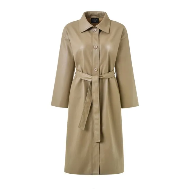 Leather Long Jacket   Autumn and Winter Women Loose Belt PU Leather Windbreaker Trench Coat Slim Jacket