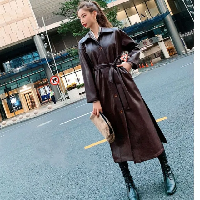 Leather Long Jacket   Autumn and Winter Women Loose Belt PU Leather Windbreaker Trench Coat Slim Jacket