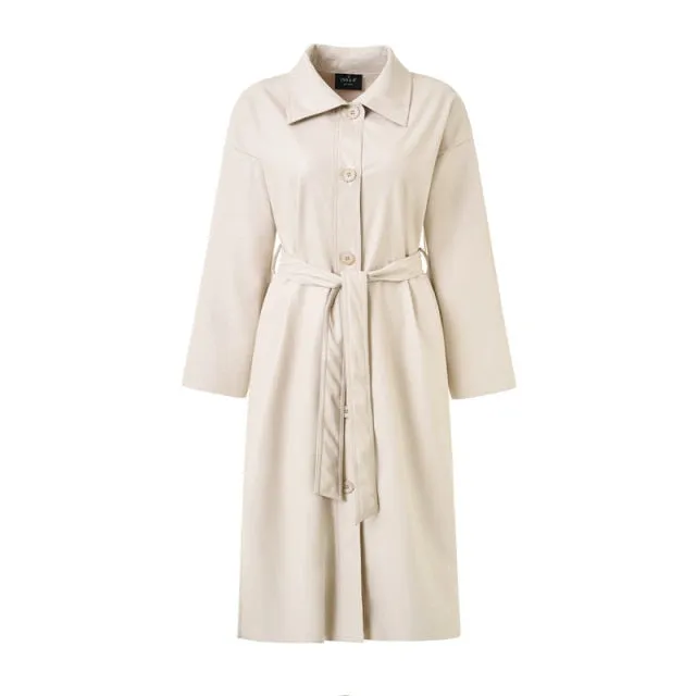 Leather Long Jacket   Autumn and Winter Women Loose Belt PU Leather Windbreaker Trench Coat Slim Jacket