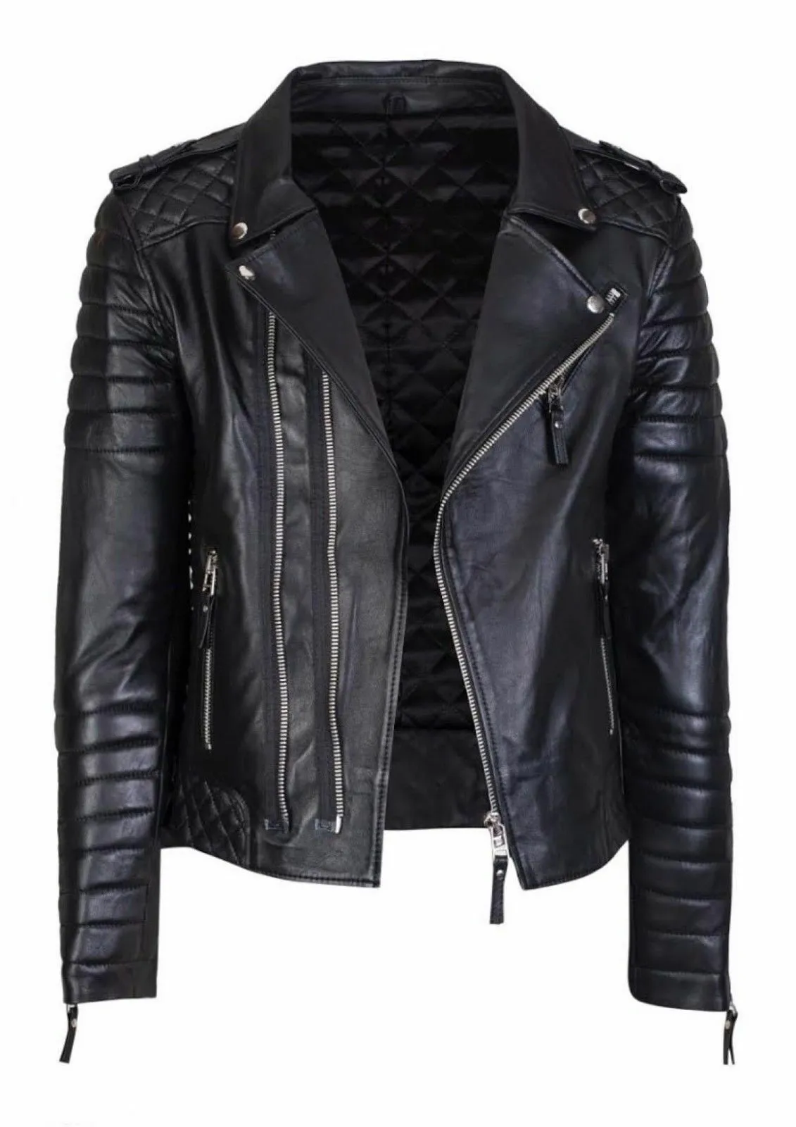MENS KAY MICHAEL GENUINE SHEEP LEATHER JACKET BLACK DIAMOND QUILTED SLIM FIT ZIPPER JACKET