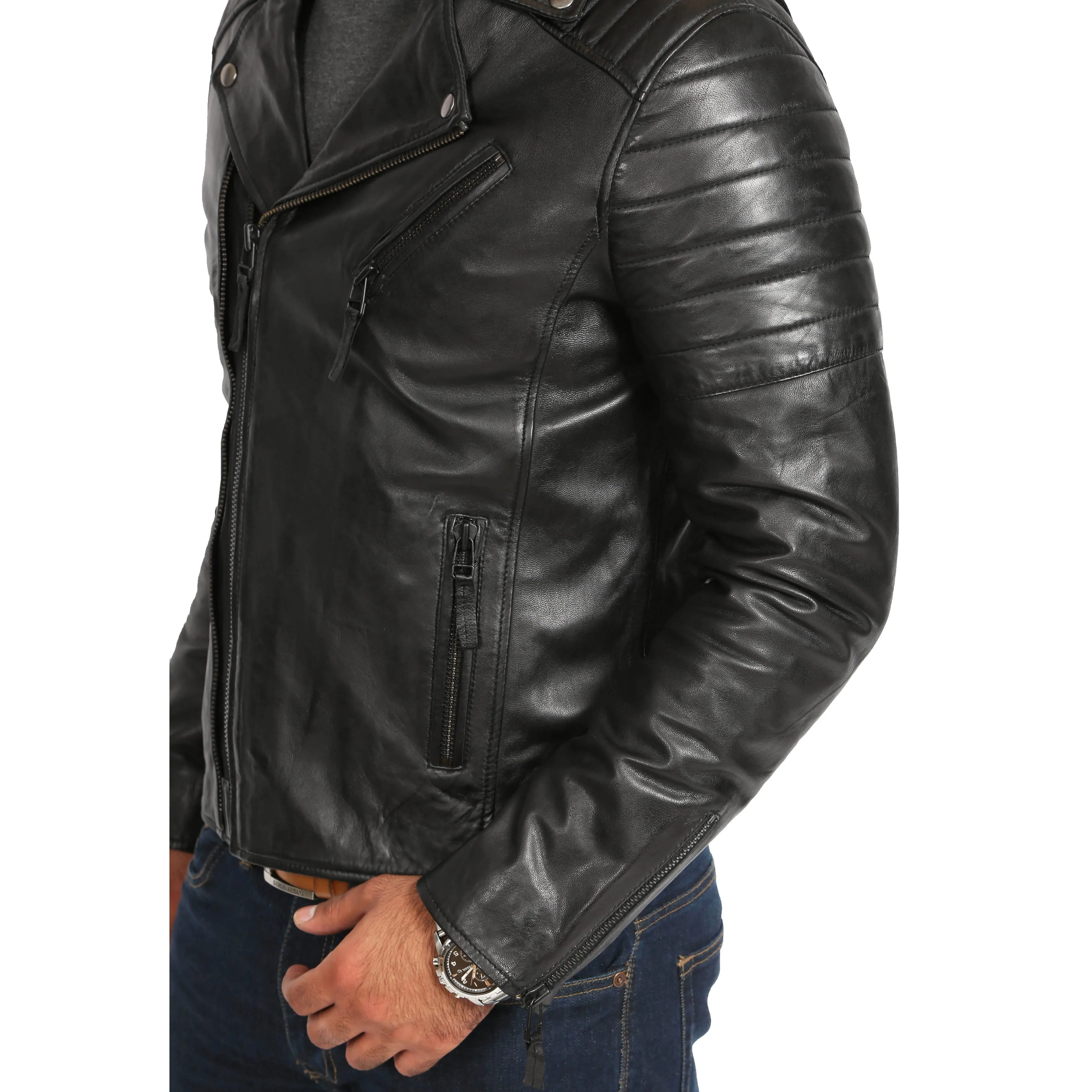 Mens Soft Leather Biker Jacket X-Zip Max Black