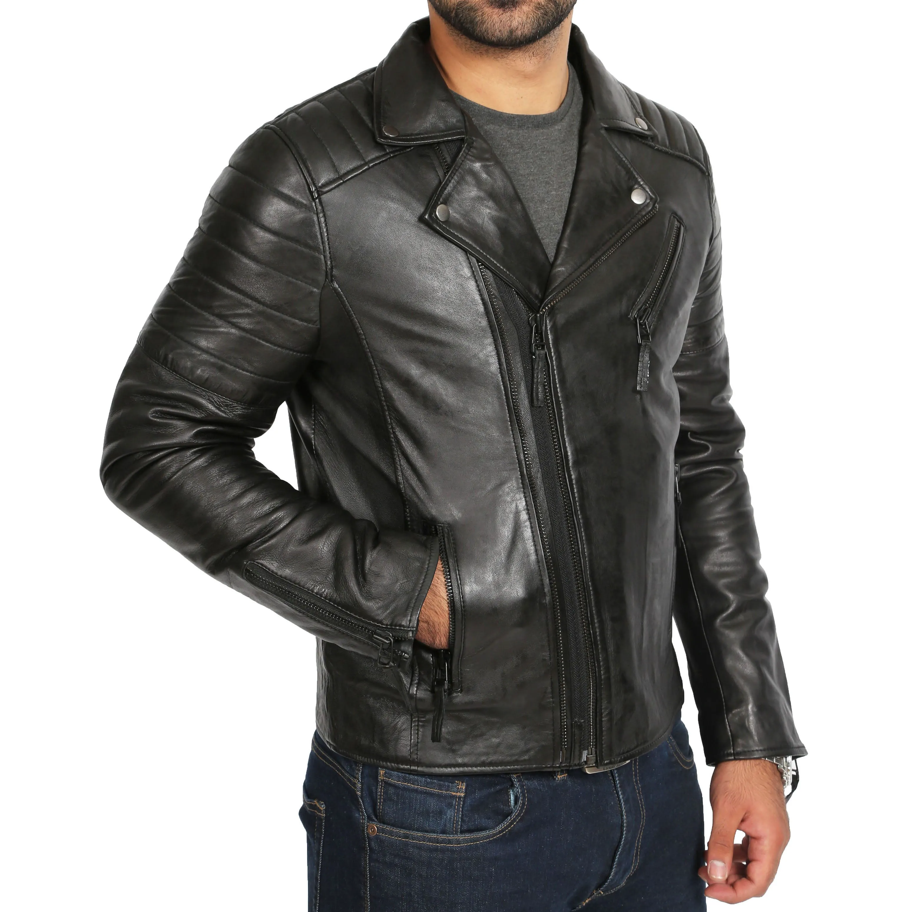 Mens Soft Leather Biker Jacket X-Zip Max Black