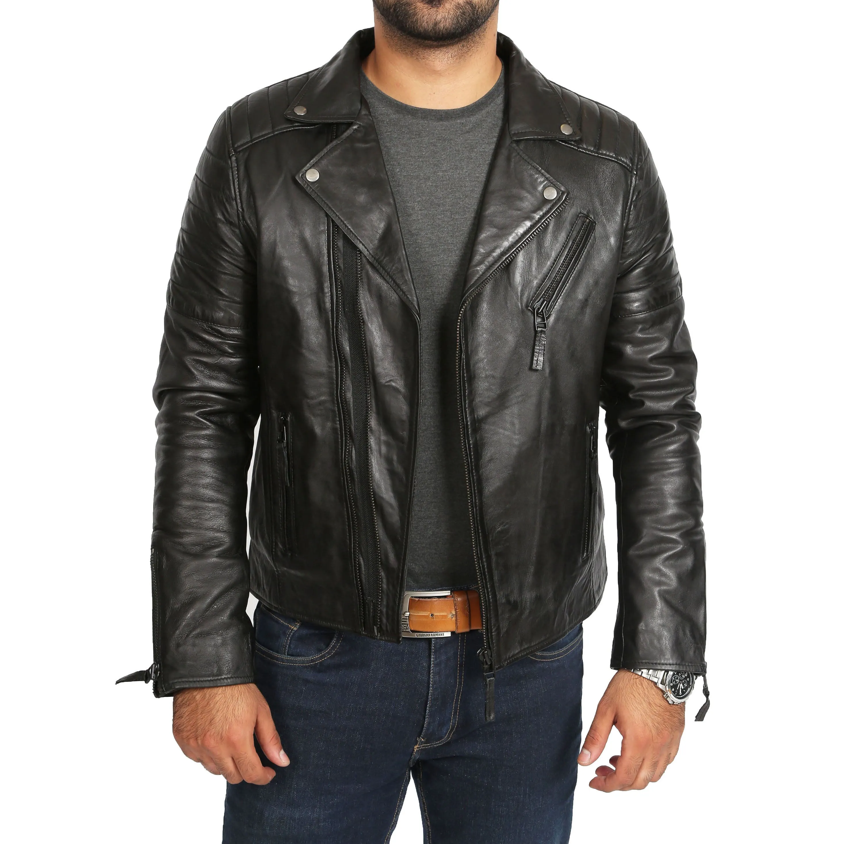 Mens Soft Leather Biker Jacket X-Zip Max Black