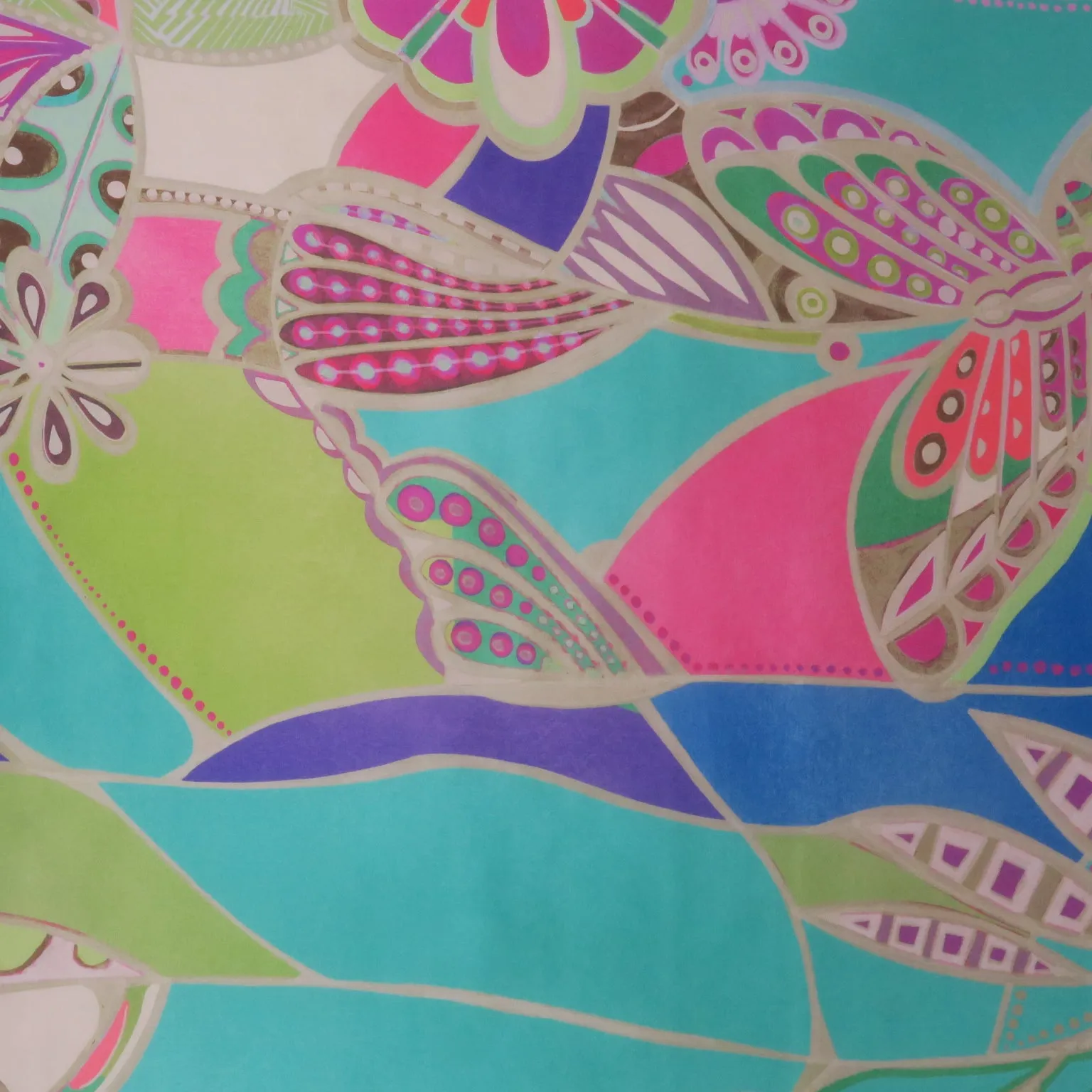 Mint and Blule Art Deco Butterflies Printed Silk Charmeuse Fabric