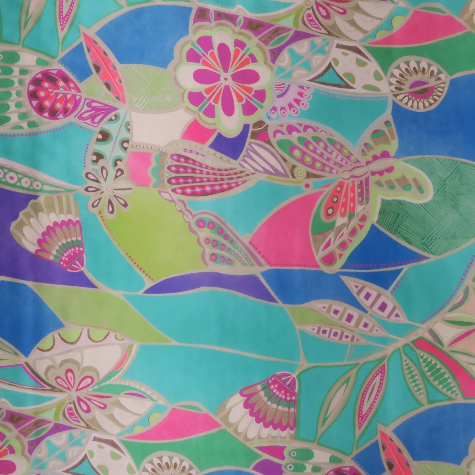 Mint and Blule Art Deco Butterflies Printed Silk Charmeuse Fabric
