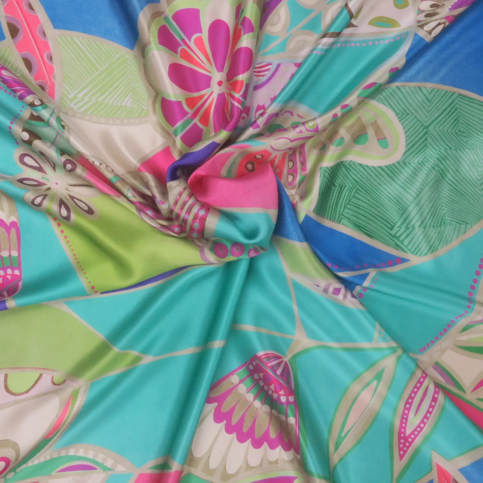Mint and Blule Art Deco Butterflies Printed Silk Charmeuse Fabric