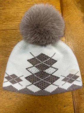 Mitchie's Matchings | Argyle Pattern Hat with Crystal and Fox Fur Pom