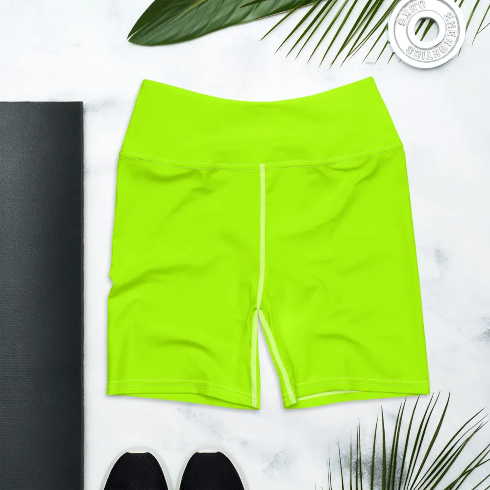 Neon Green Women's Yoga Shorts, Bright Green Workout Gym Tights -Made in USA/EU