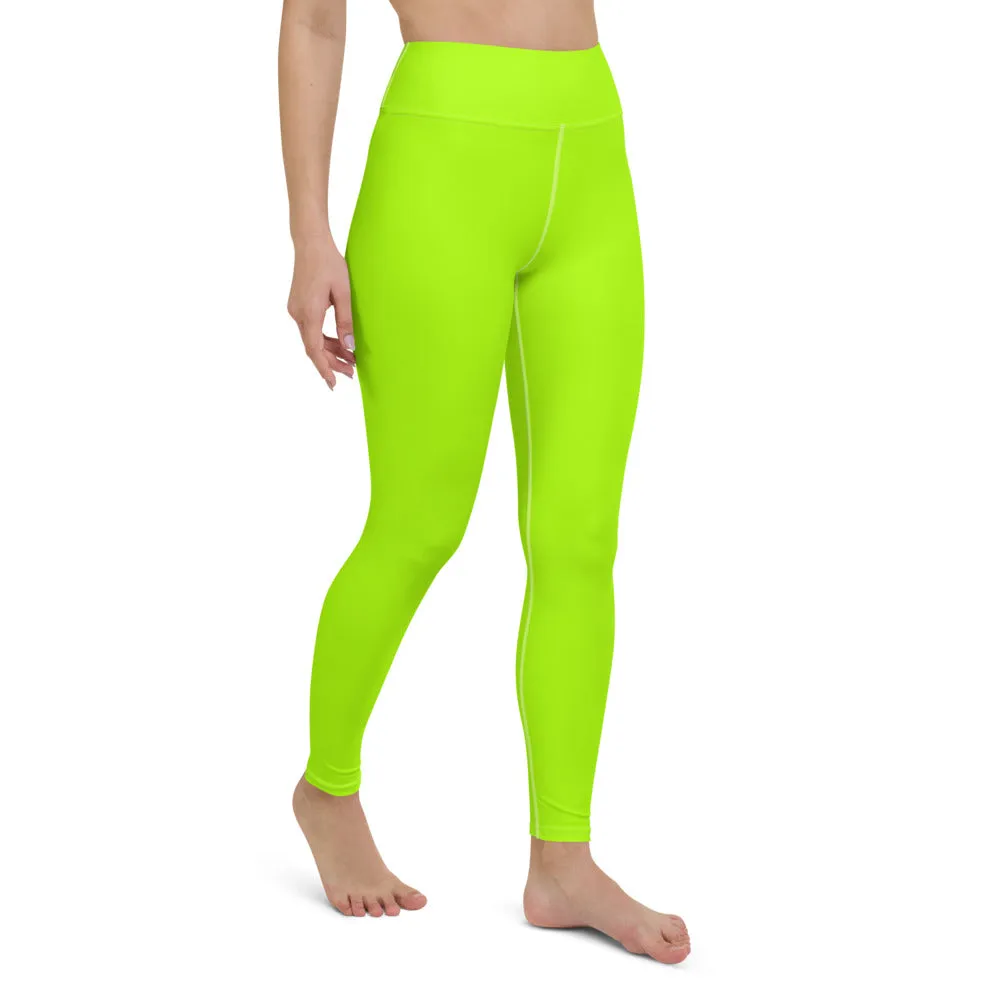 Neon Green Yoga Leggings, Solid Color Long Workout Gym Fitness Tights-Made in USA/EU