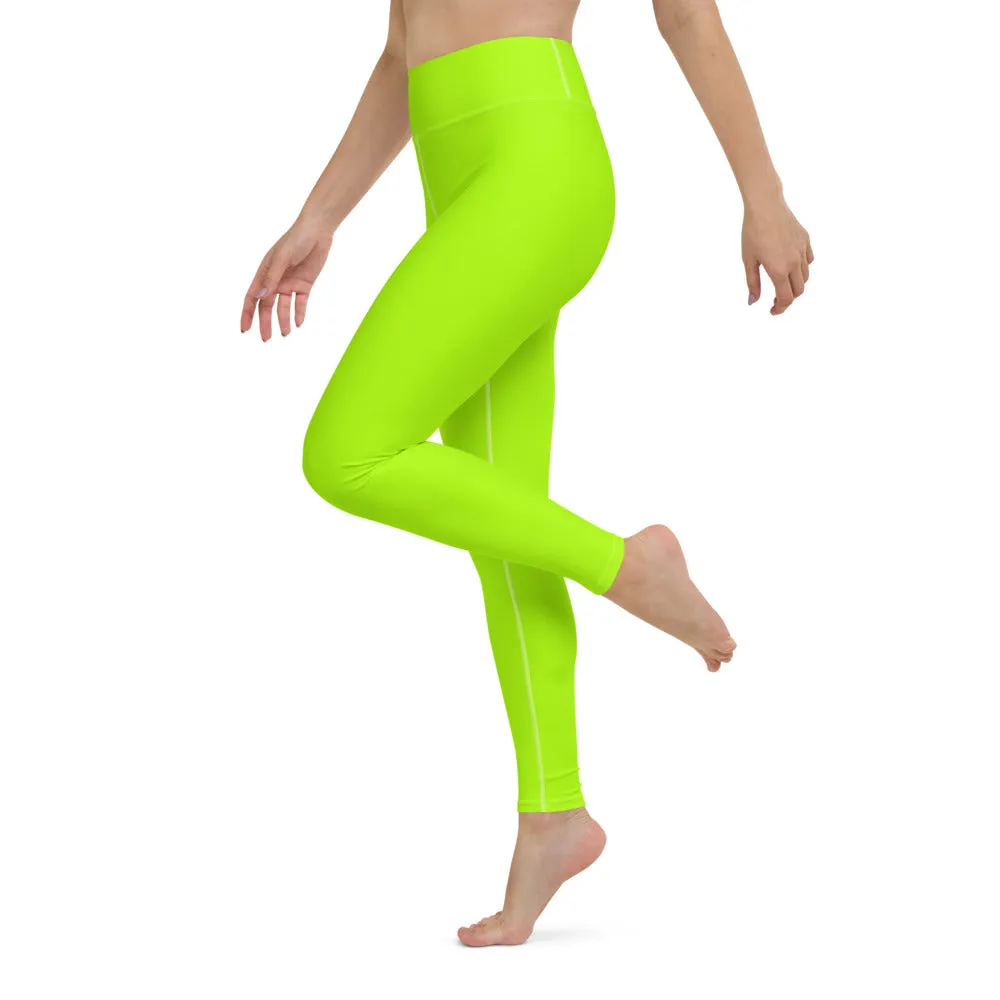 Neon Green Yoga Leggings, Solid Color Long Workout Gym Fitness Tights-Made in USA/EU