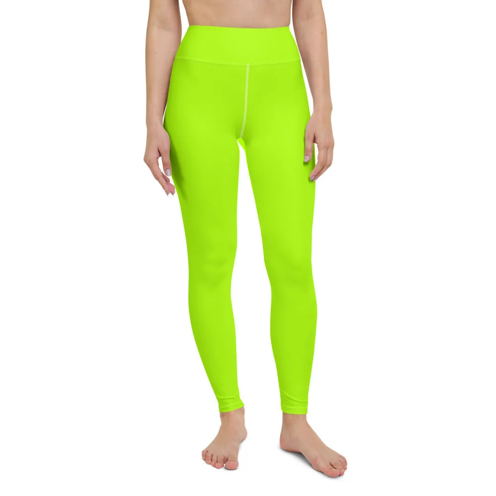 Neon Green Yoga Leggings, Solid Color Long Workout Gym Fitness Tights-Made in USA/EU
