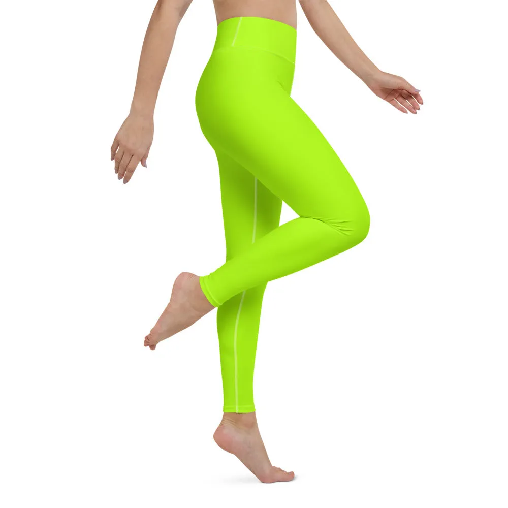 Neon Green Yoga Leggings, Solid Color Long Workout Gym Fitness Tights-Made in USA/EU