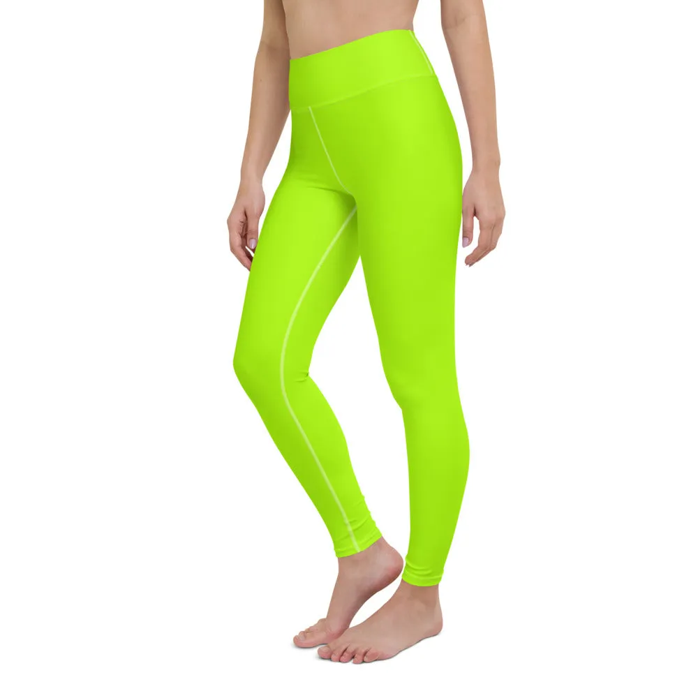 Neon Green Yoga Leggings, Solid Color Long Workout Gym Fitness Tights-Made in USA/EU