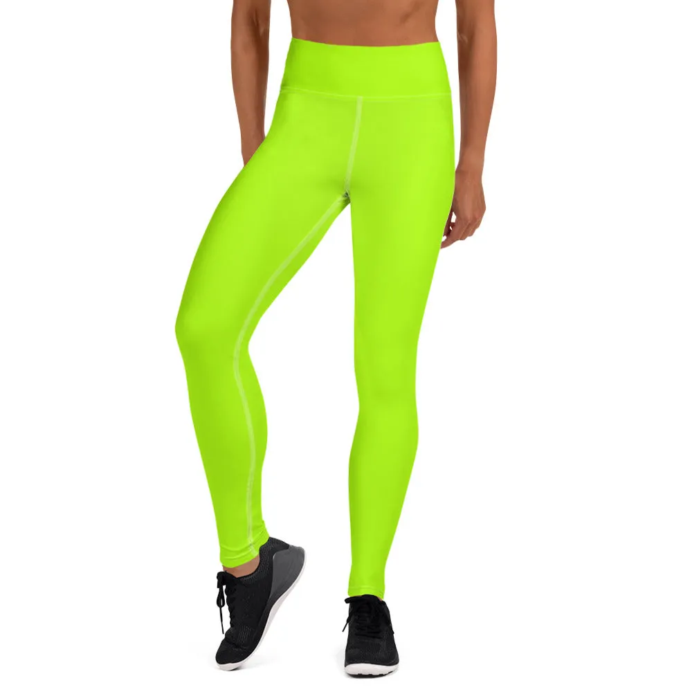 Neon Green Yoga Leggings, Solid Color Long Workout Gym Fitness Tights-Made in USA/EU