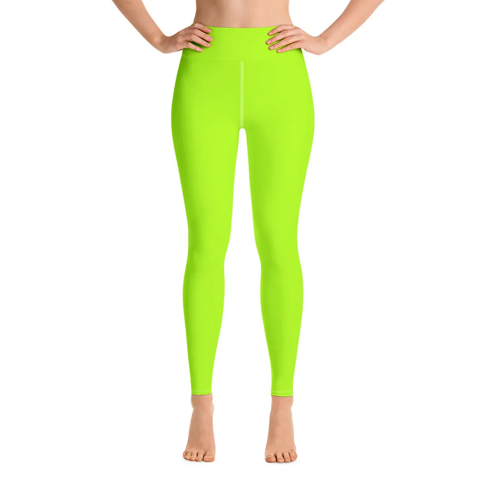 Neon Green Yoga Leggings, Solid Color Long Workout Gym Fitness Tights-Made in USA/EU