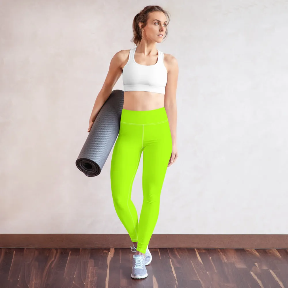 Neon Green Yoga Leggings, Solid Color Long Workout Gym Fitness Tights-Made in USA/EU