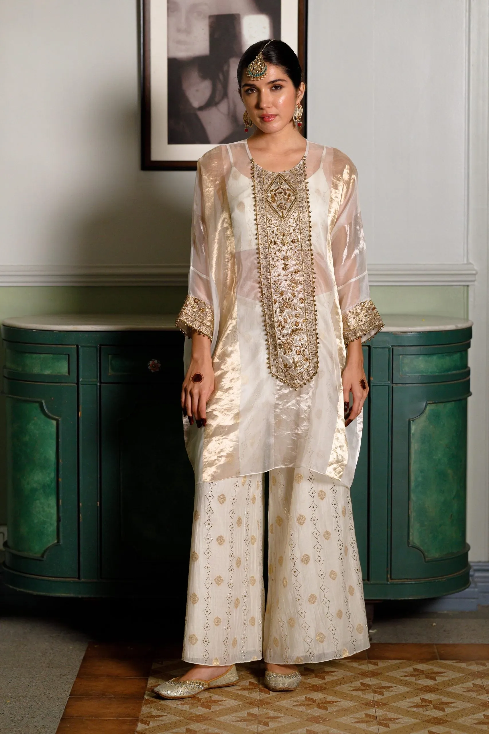 Parhez Gold Embroidered Tunic With Bustier And Palazzo