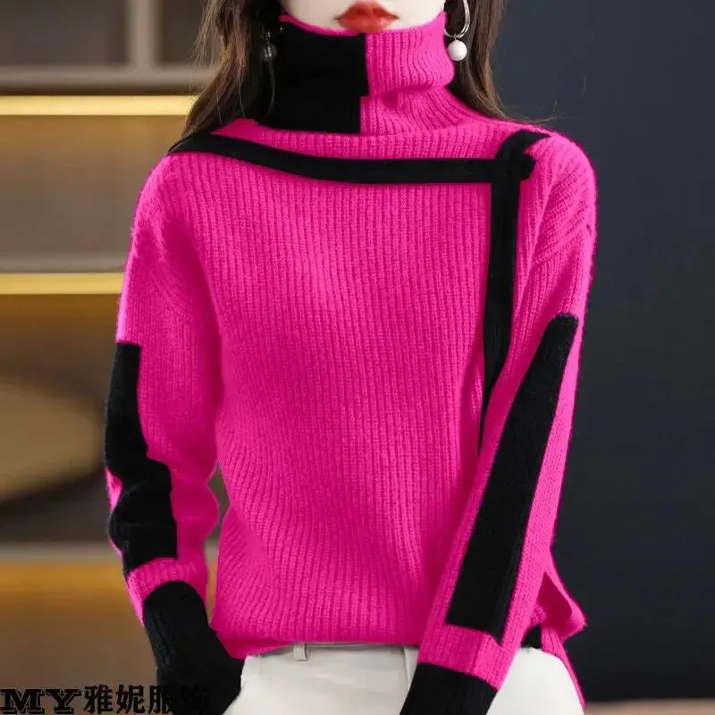 Patchwork Art Design Knit Sweater with High-Collar& Raglan Sleeve