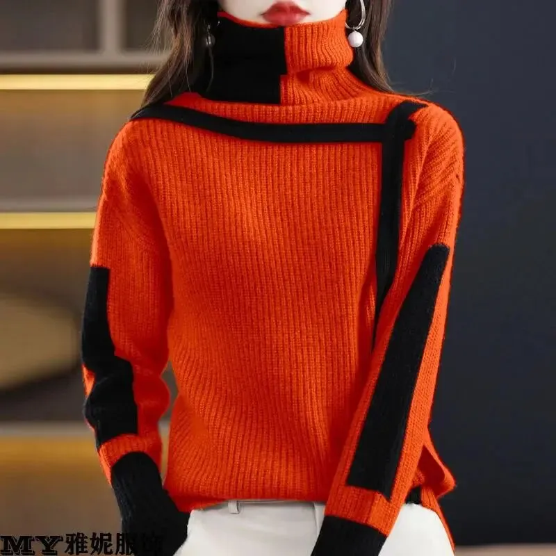 Patchwork Art Design Knit Sweater with High-Collar& Raglan Sleeve