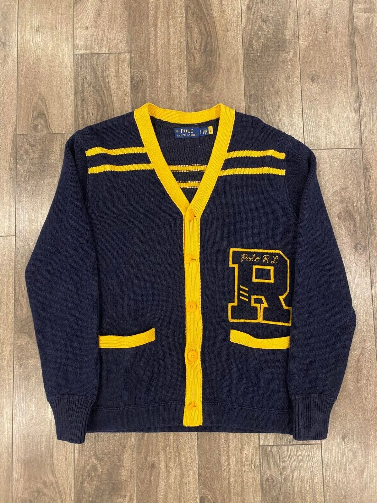 Polo Ralph Lauren Cardigan Letterman Sweater Mens Small Blue Button Up