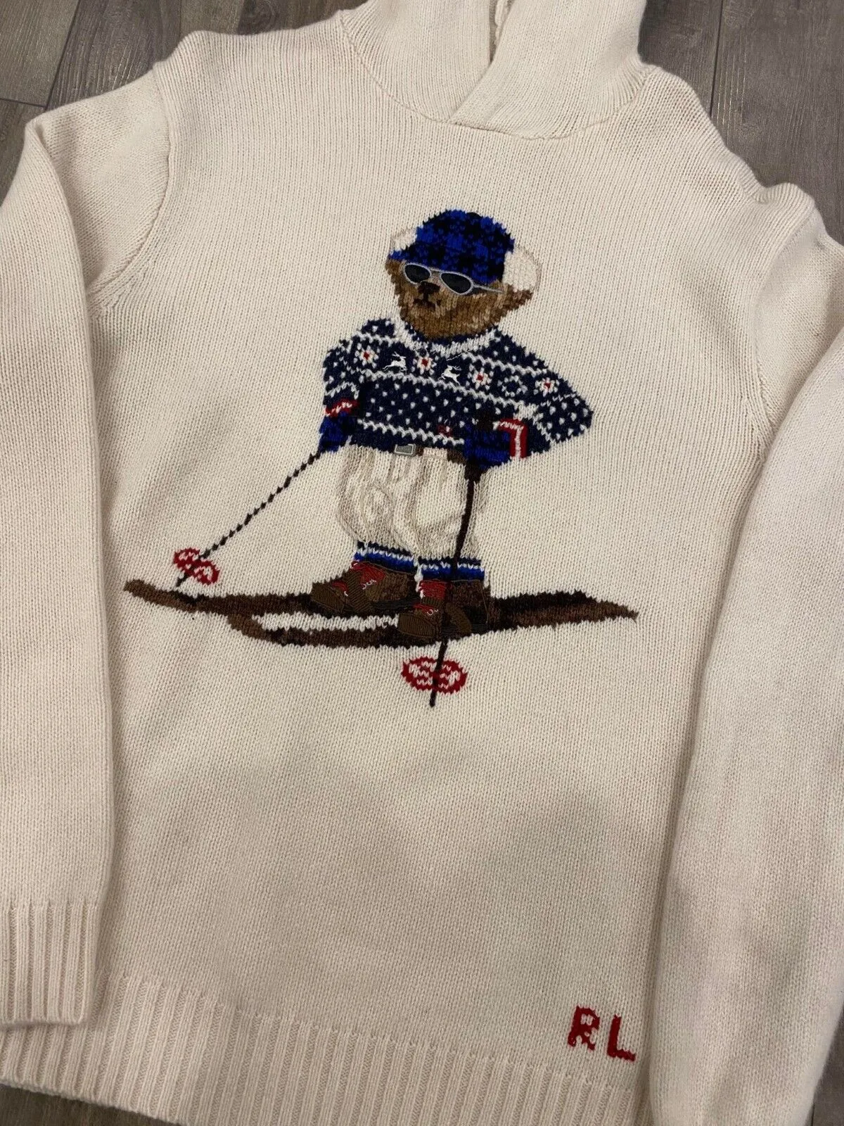 Polo Ralph Lauren Polo Bear Ski Knit Hoodie Mens XL White Sweater Pullover
