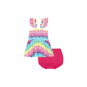 Posh Peanut Bamboo Smocked Flutter Sleeve Babydoll & Bloomer/Bummie Set- Rainbow Butterfly