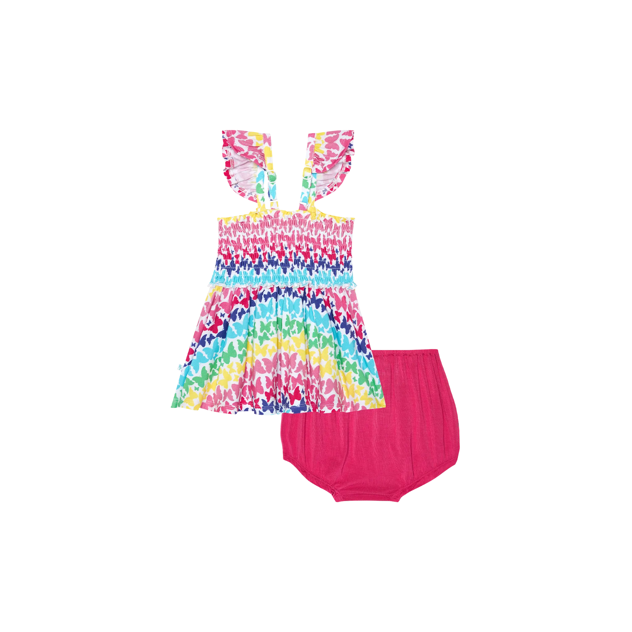 Posh Peanut Bamboo Smocked Flutter Sleeve Babydoll & Bloomer/Bummie Set- Rainbow Butterfly