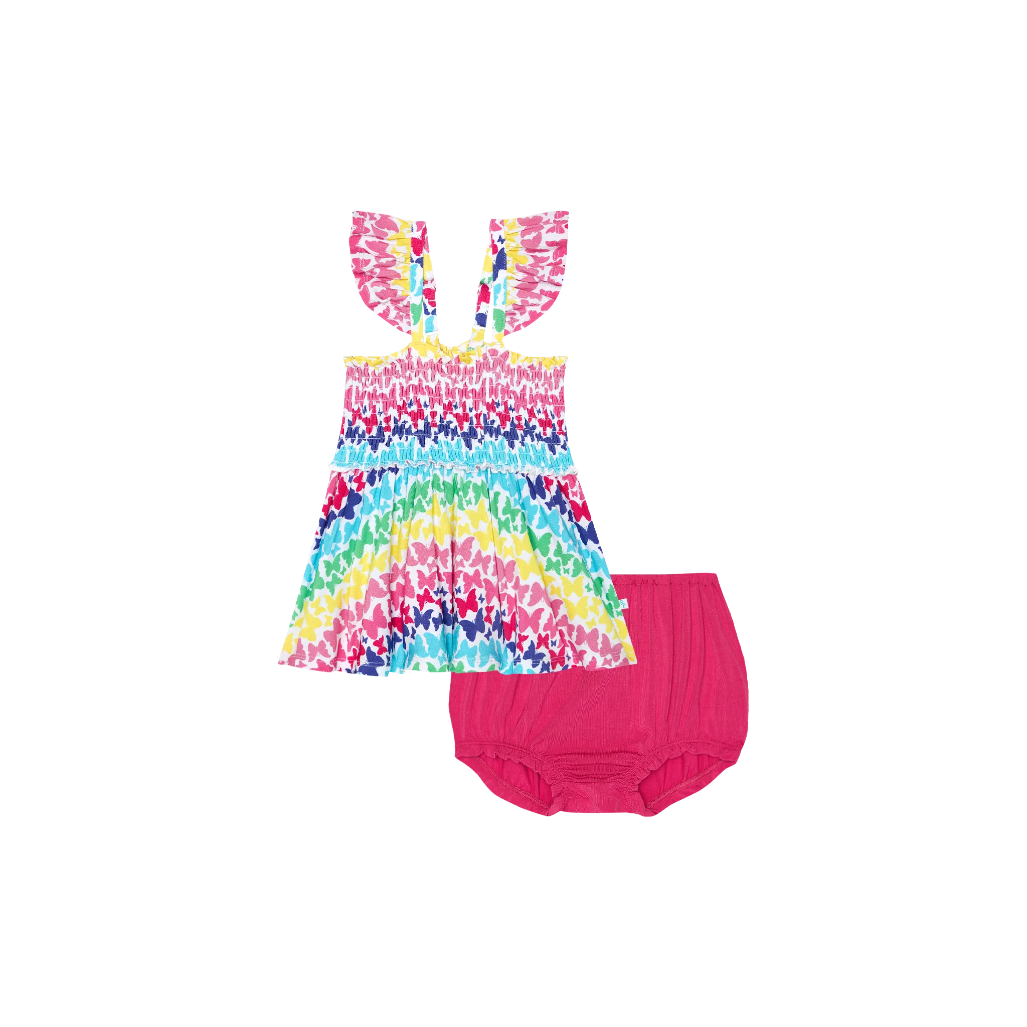 Posh Peanut Bamboo Smocked Flutter Sleeve Babydoll & Bloomer/Bummie Set- Rainbow Butterfly