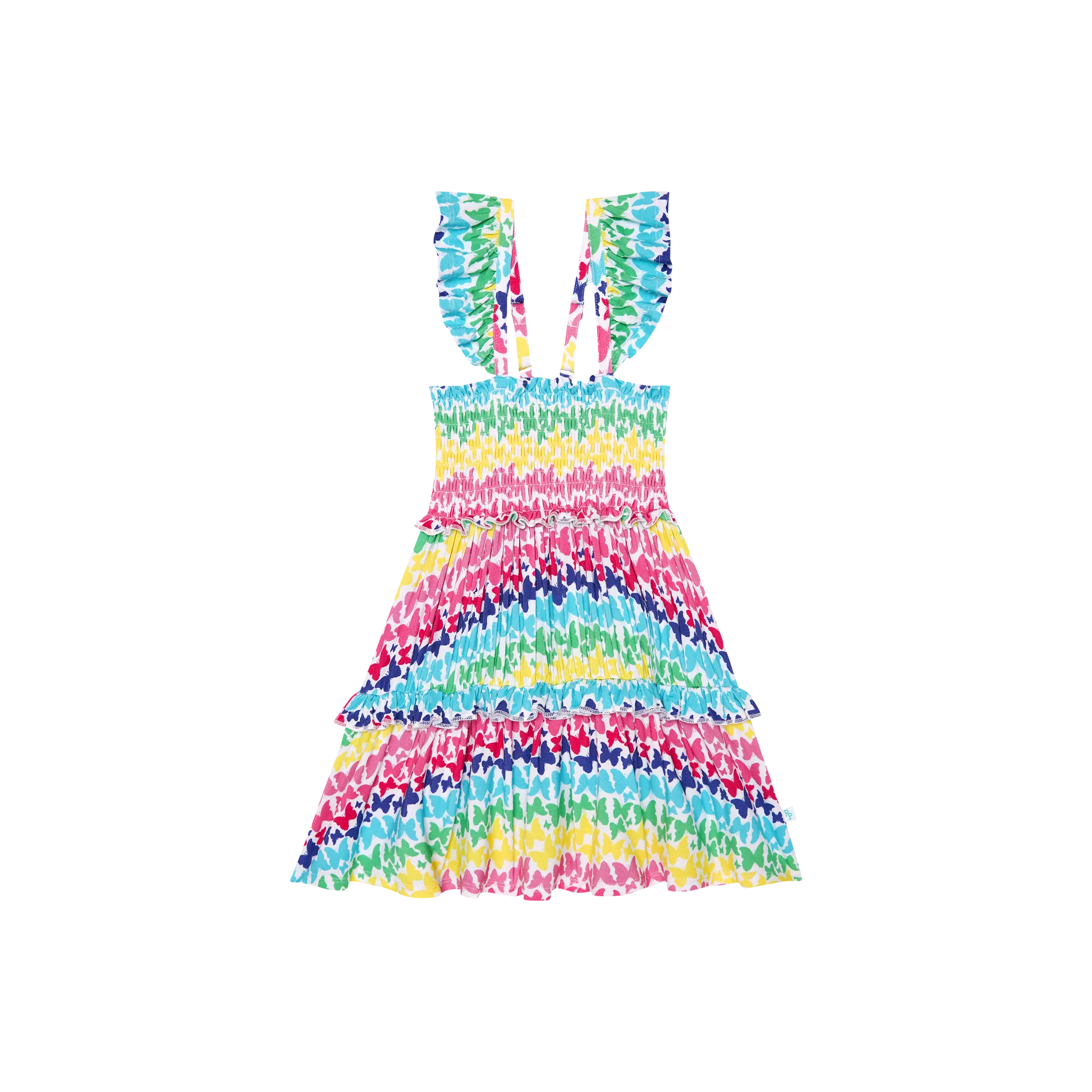 Posh Peanut Bamboo Smocked Flutter Sleeve Babydoll Sun Dress - Rainbow Butterfly