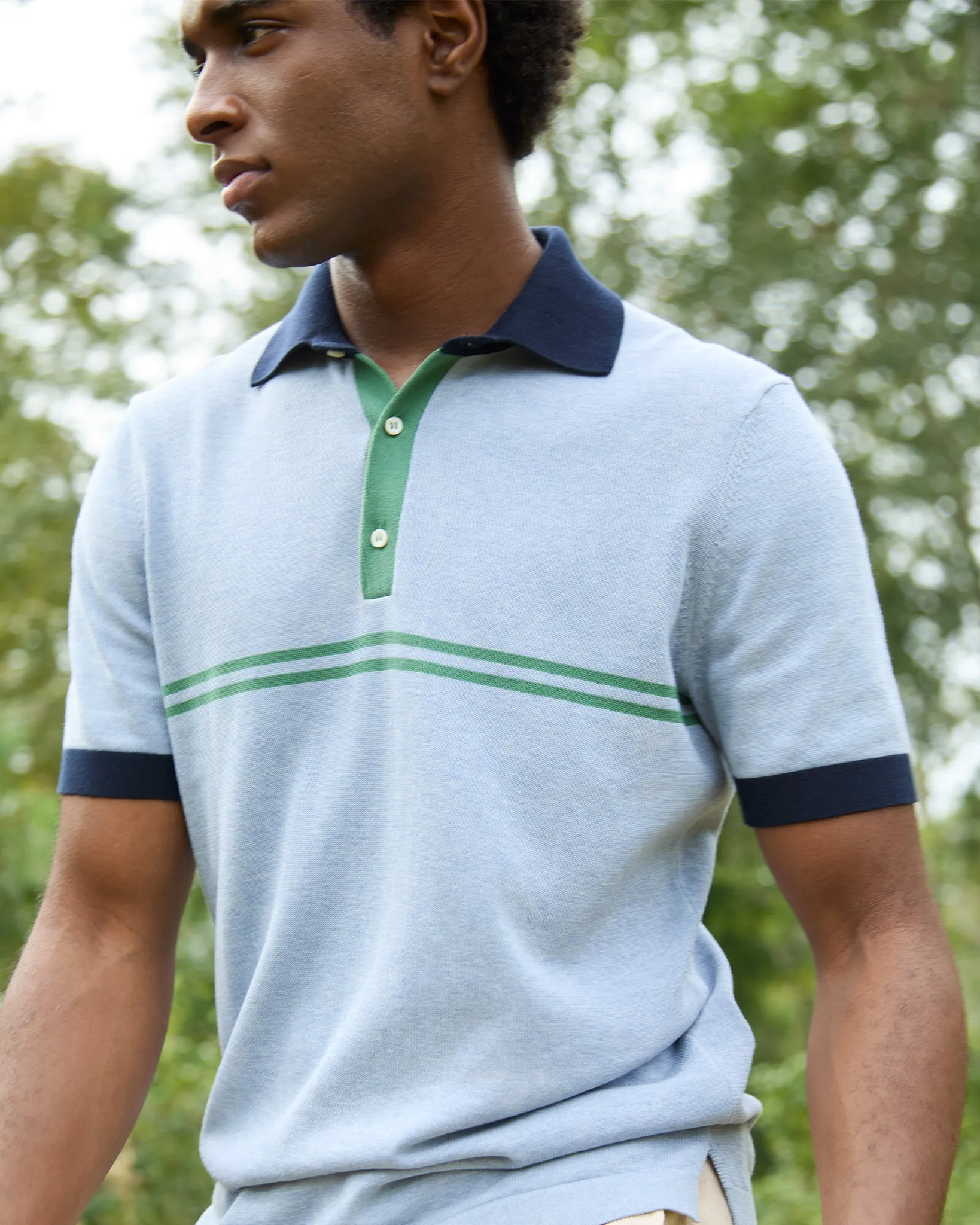 Rally Polo Sweater in Heather Sky/Navy/Ivy Cotton