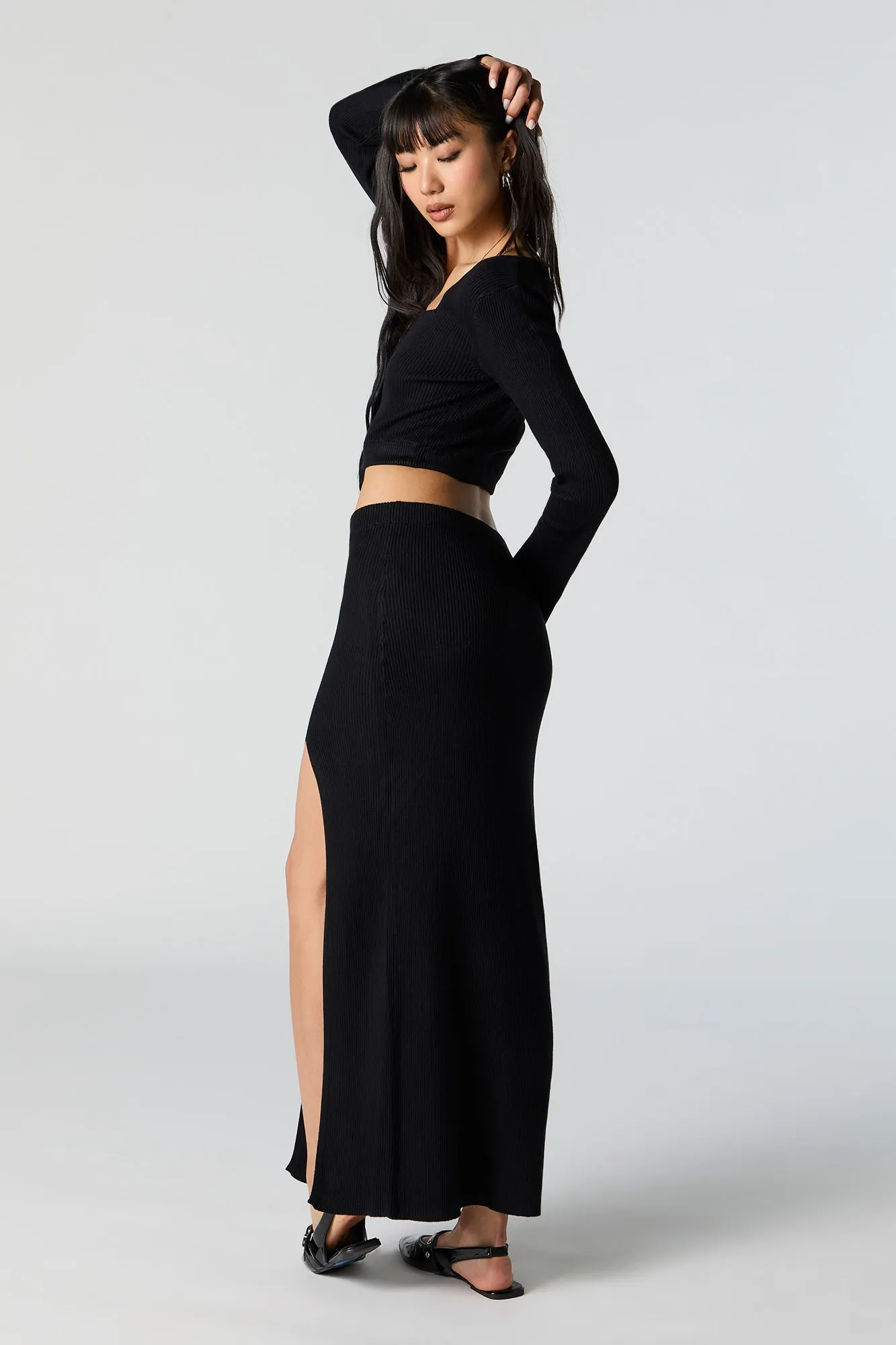 Ribbed Knit Slit Maxi Skirt