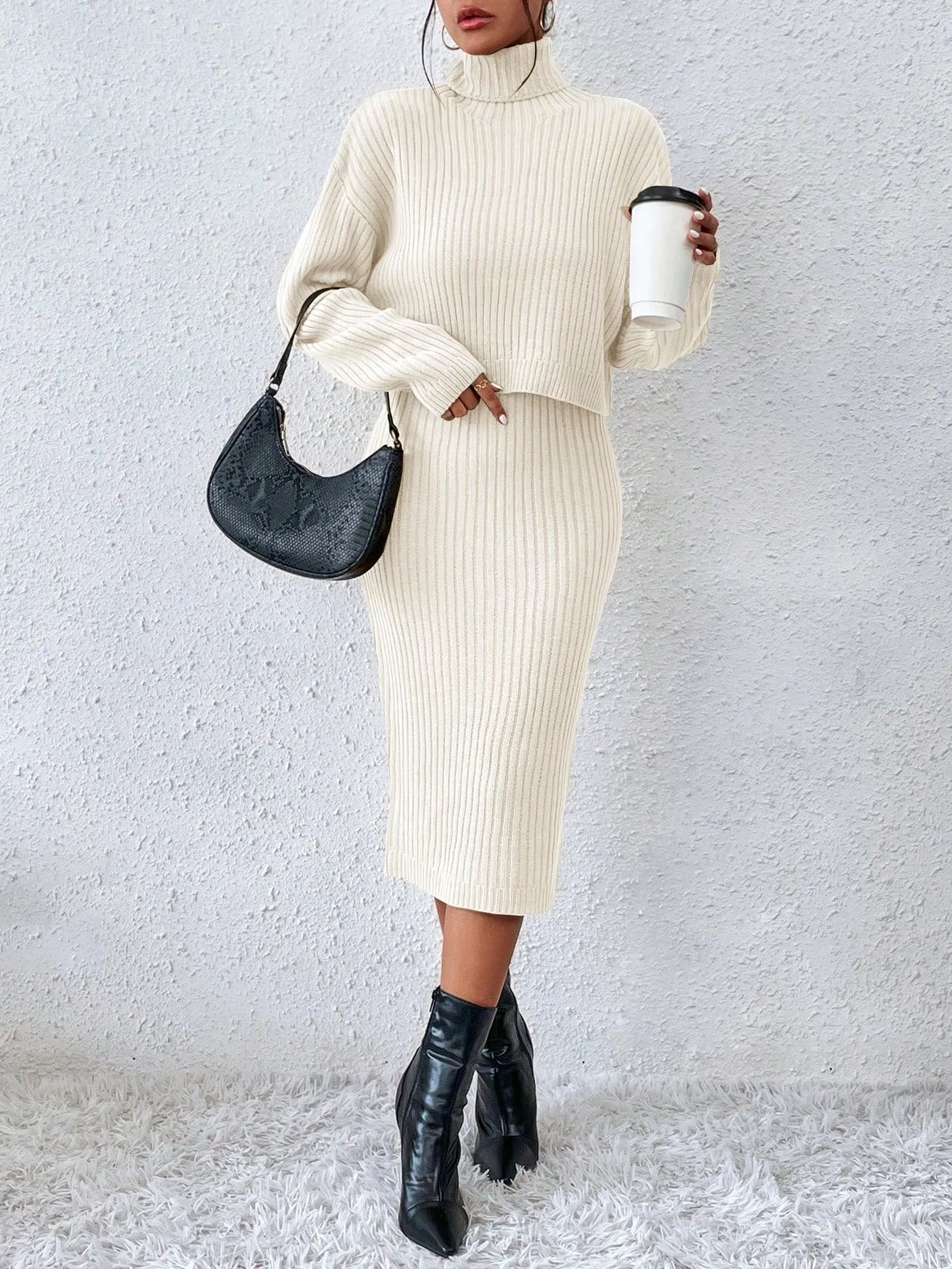 SHEIN Privé Turtleneck Drop Shoulder Sweater & Knit Skirt
