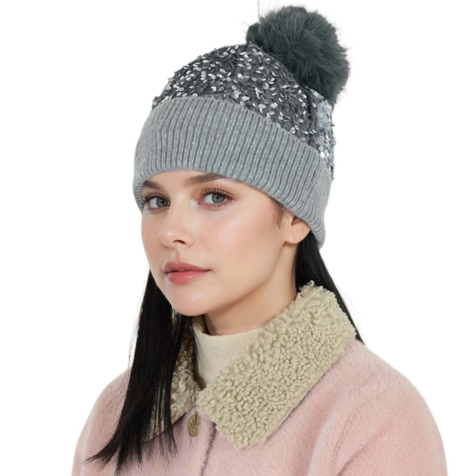 Sparkly Sequin Beanie Hat with Faux Fur Pom Pom Knit Skull Cap for Women