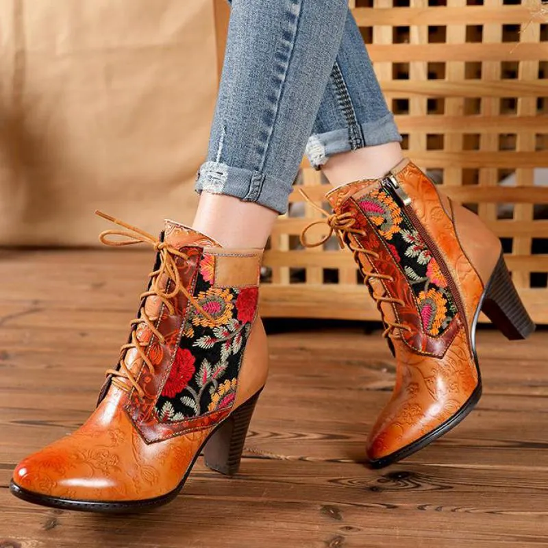 Stylish Retro Floral Print Three-Quarter Cognac Boots