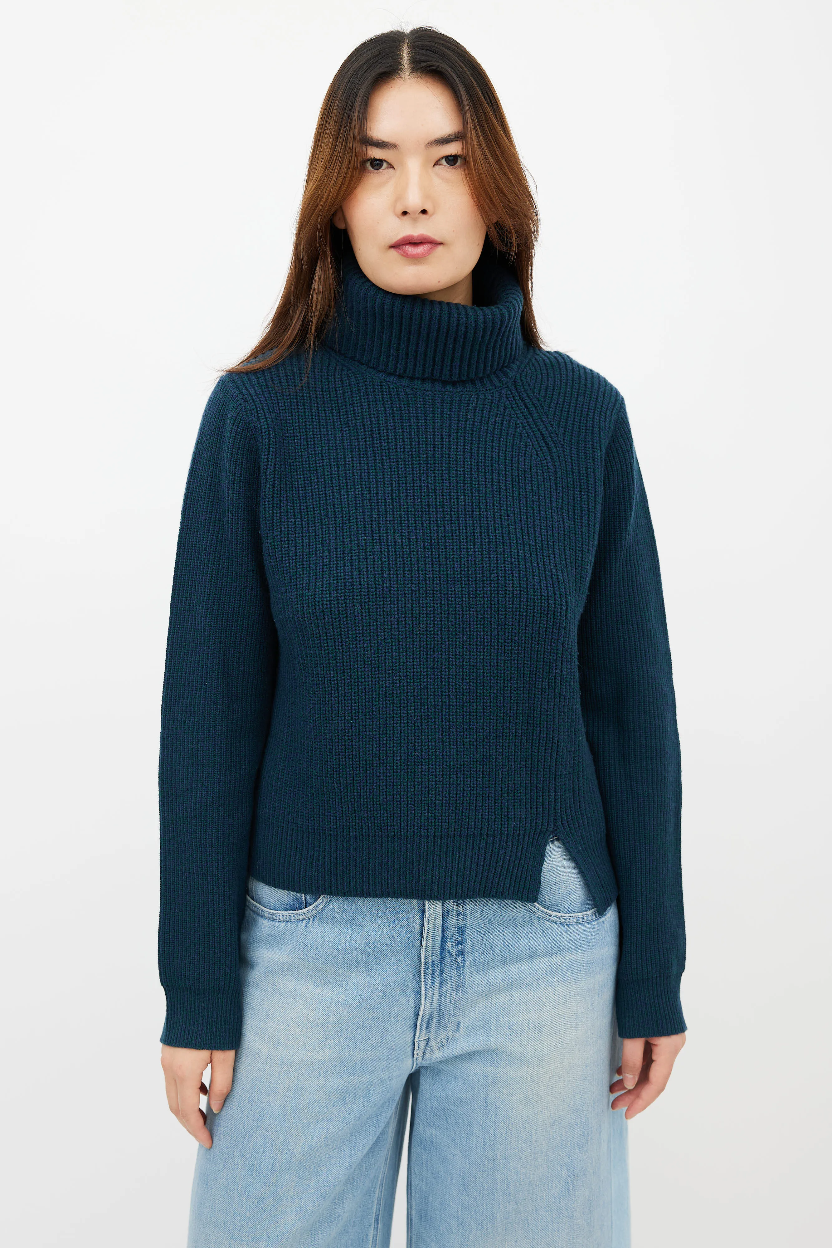 Teal Wool & Cashmere Turtleneck Sweater