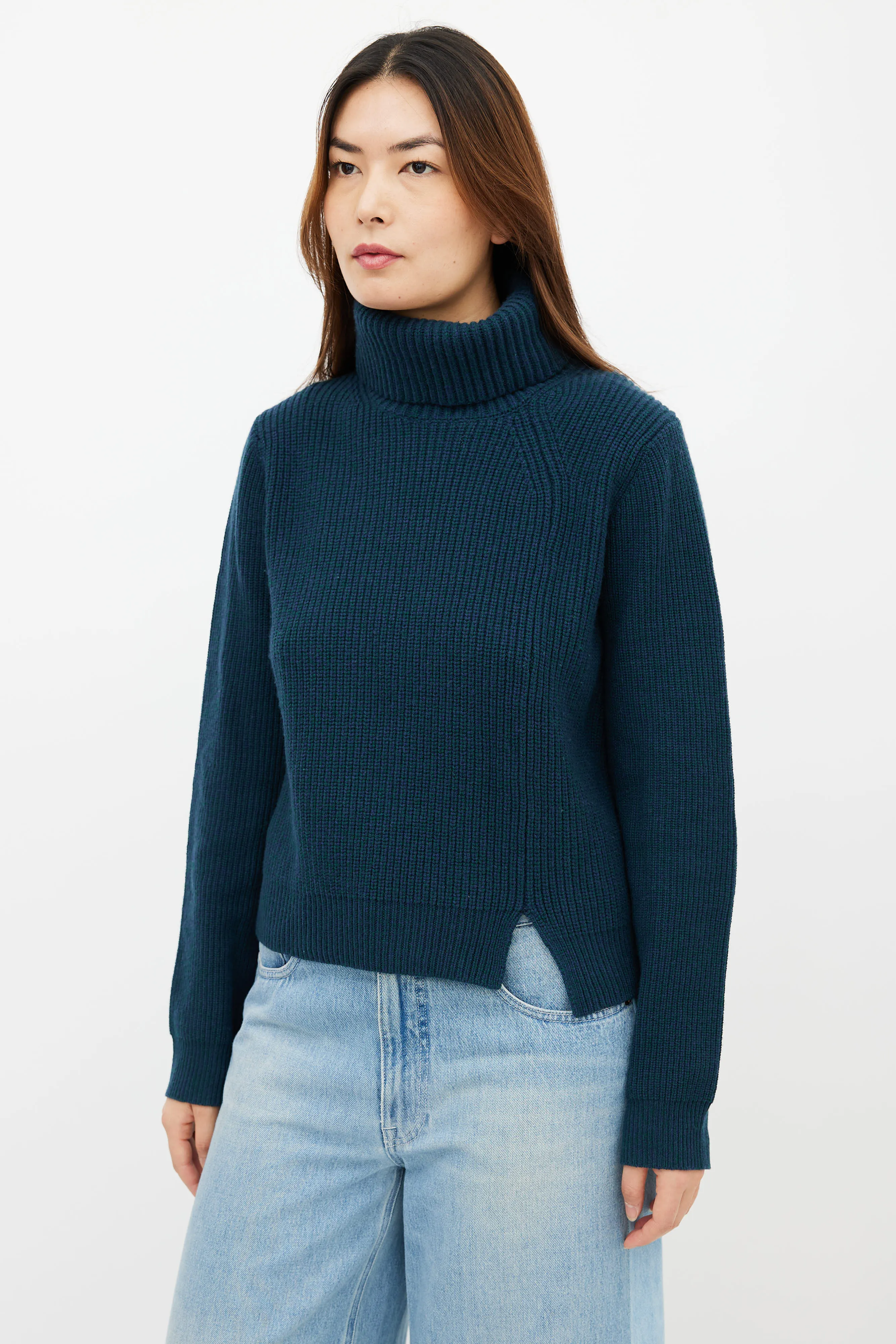 Teal Wool & Cashmere Turtleneck Sweater
