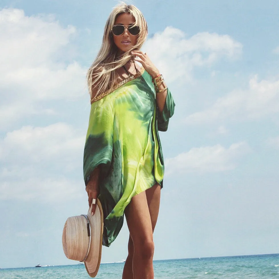 Tropic Green Sun One Shoulder Apres Beach Cover-up Dress- The Mykonos